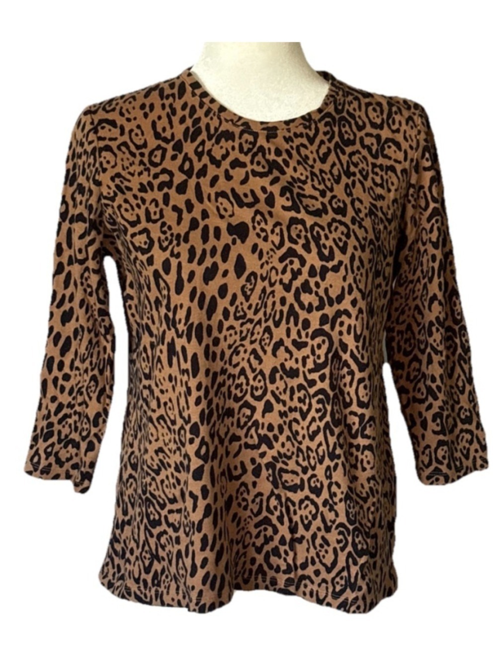 Kim Rogers Leopard Print Top M 100% Cotton Perfectly Soft 3/4 Sleeve Mobwife